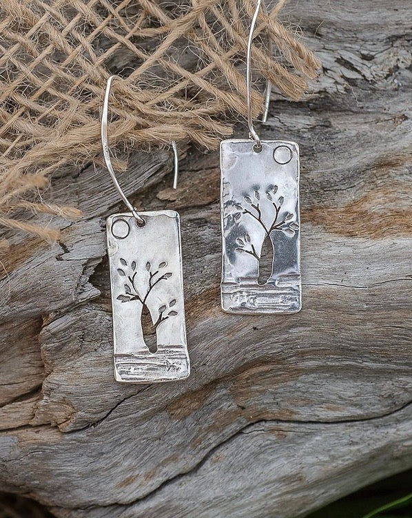 Rectangle Silver Tree Earrings
